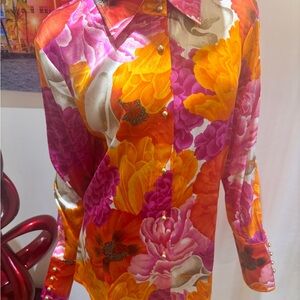 St. John Vibrant Pink Orange Yellow Floral Silk Blouse  10 M summer spring